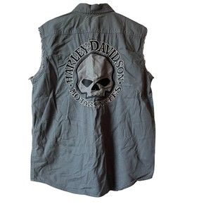 Harley Davidson Motorcycles Gray SKULL SPELL OUT Button Gray Vest Size L Classic